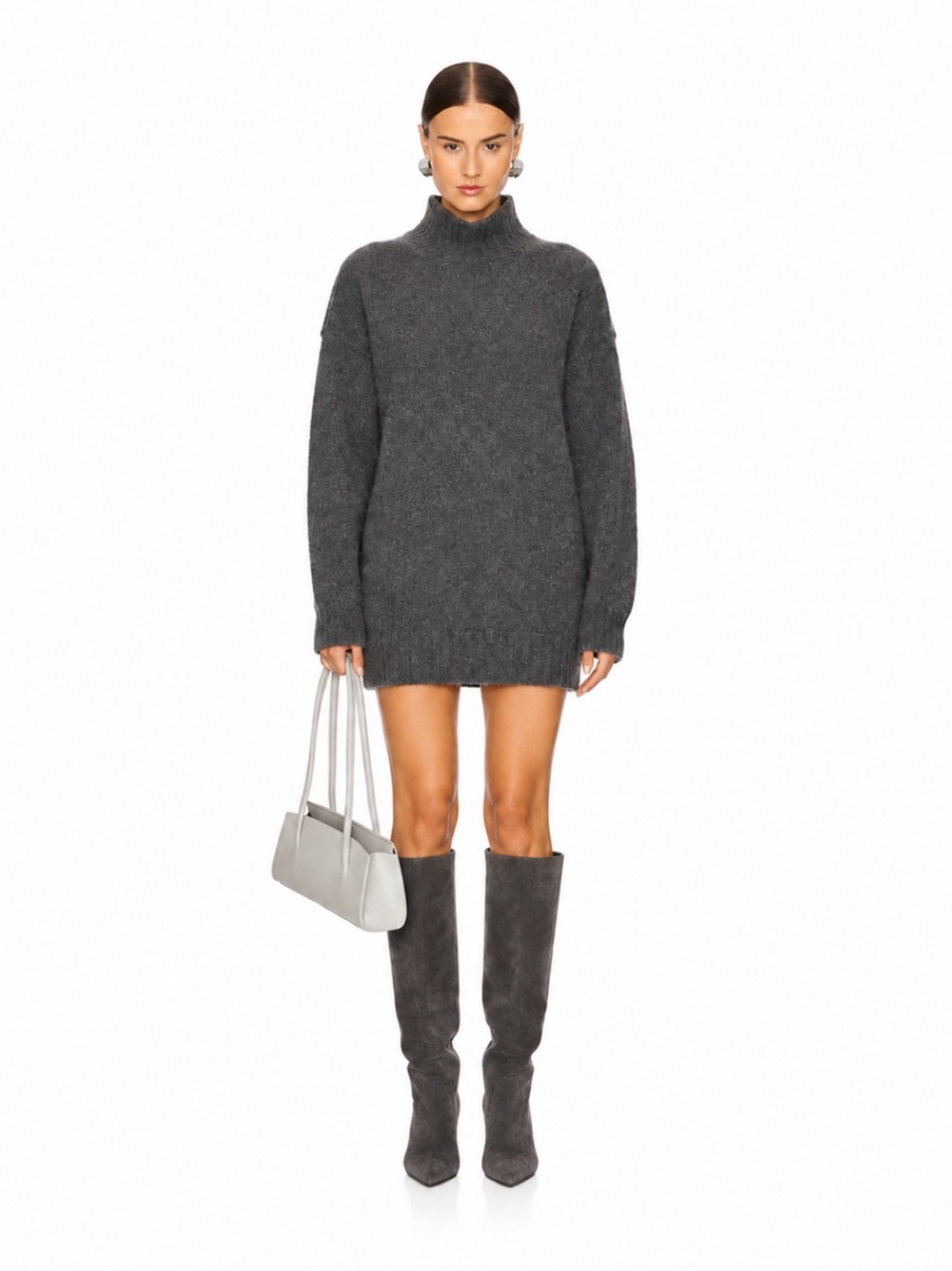 aerie Funnel Neck Sweater Dress M Charcoal Gray Slouchy Alpaca Wool Blend